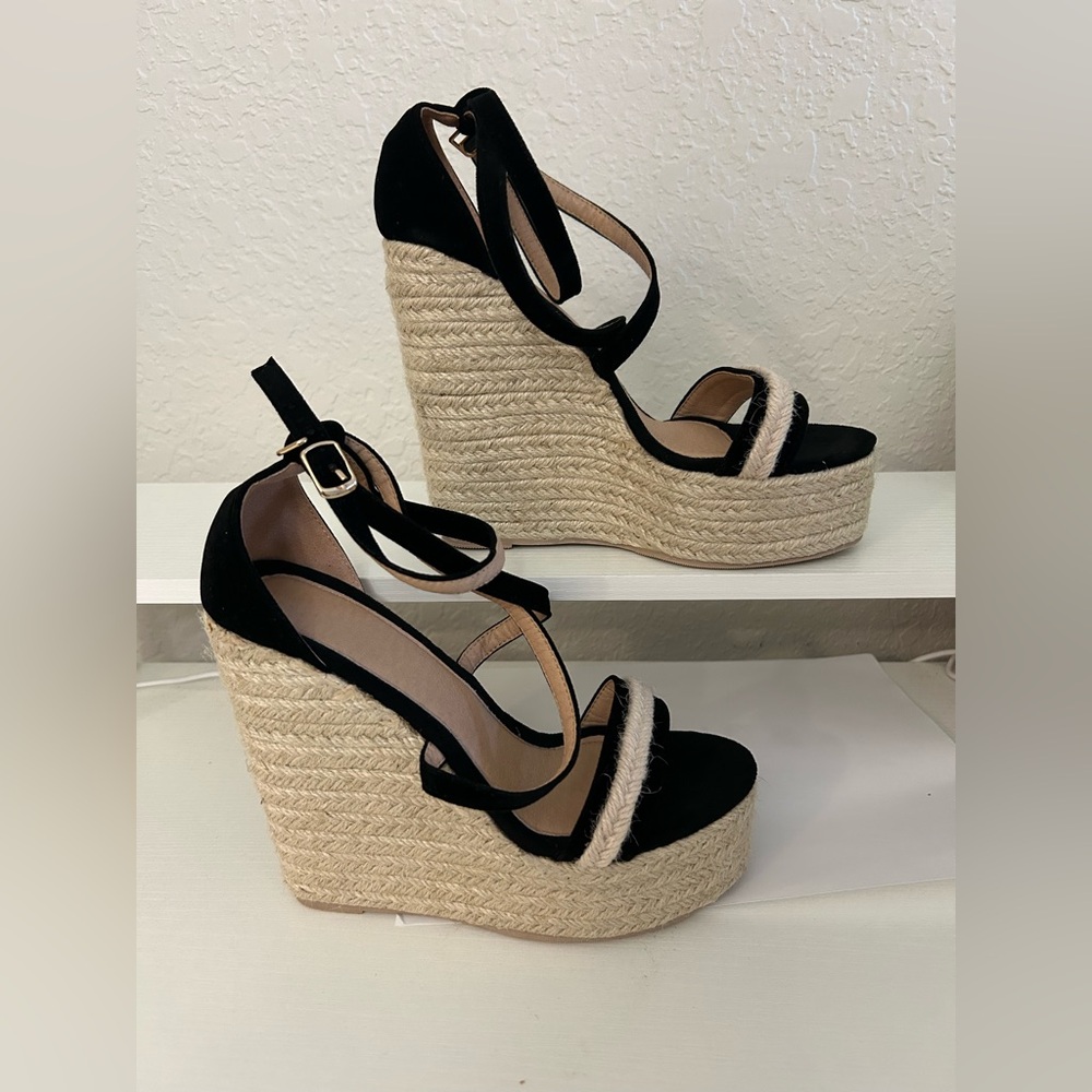 Black and Tan Wedge Sandals